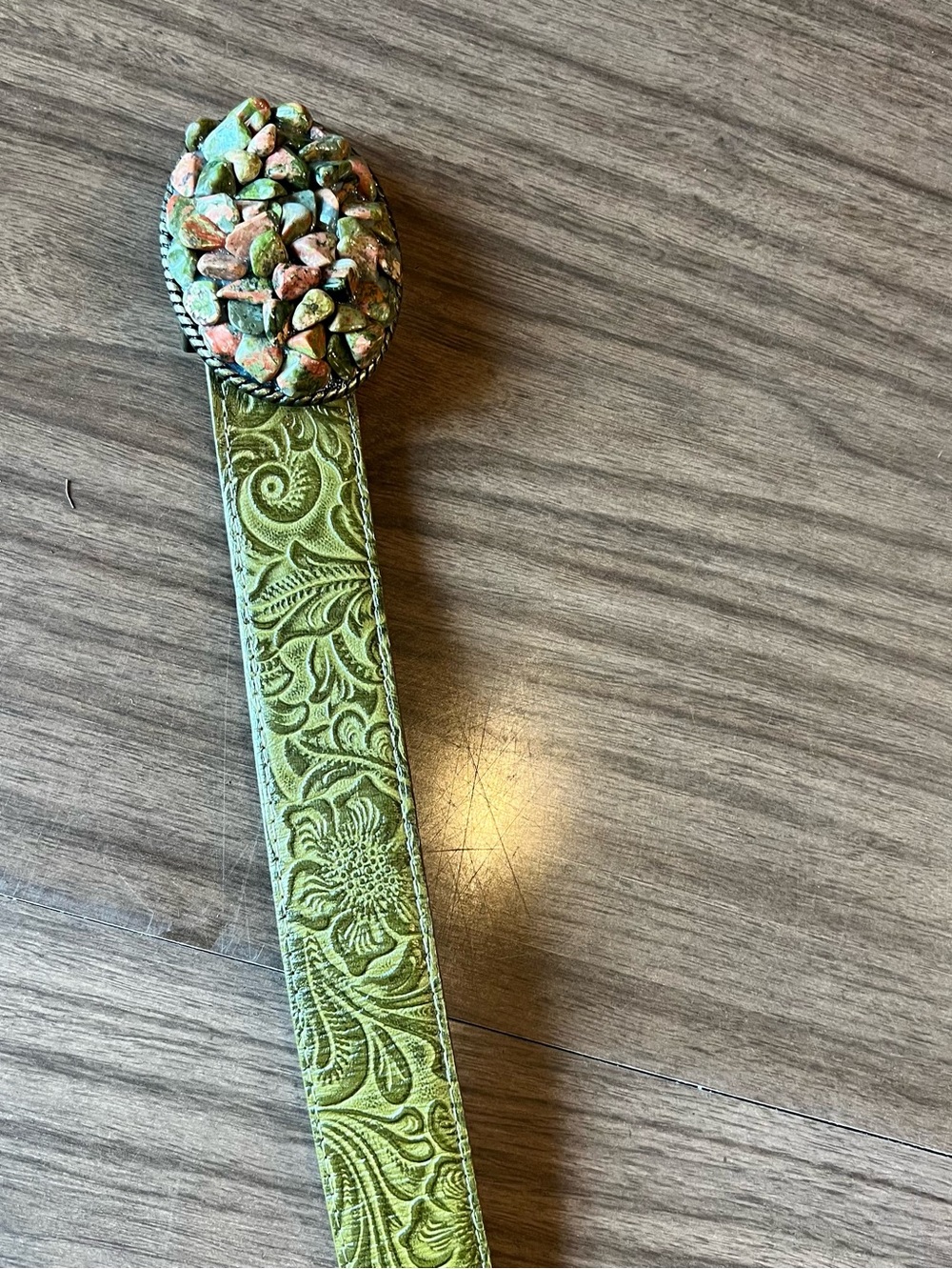 Green Tooled Leather Belt with Multicolor Stone Buckle - Women Accessories